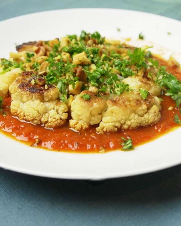 Cauliflower Steaks with Tomato Olive Cauliflower Mash Jamie Geller