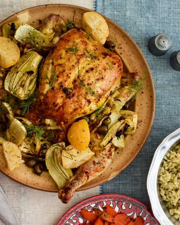 Red Roast Chicken with Lemon, Whole Garlic and Vegetables Jamie Geller