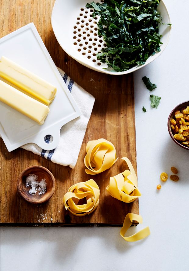 Pappardelle Pasta with Brown Butter, Raisins, and Wilted Kale Joy of