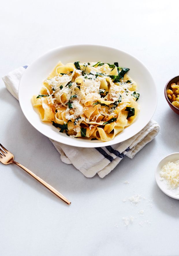 Pappardelle Pasta with Brown Butter, Raisins, and Wilted Kale Joy of