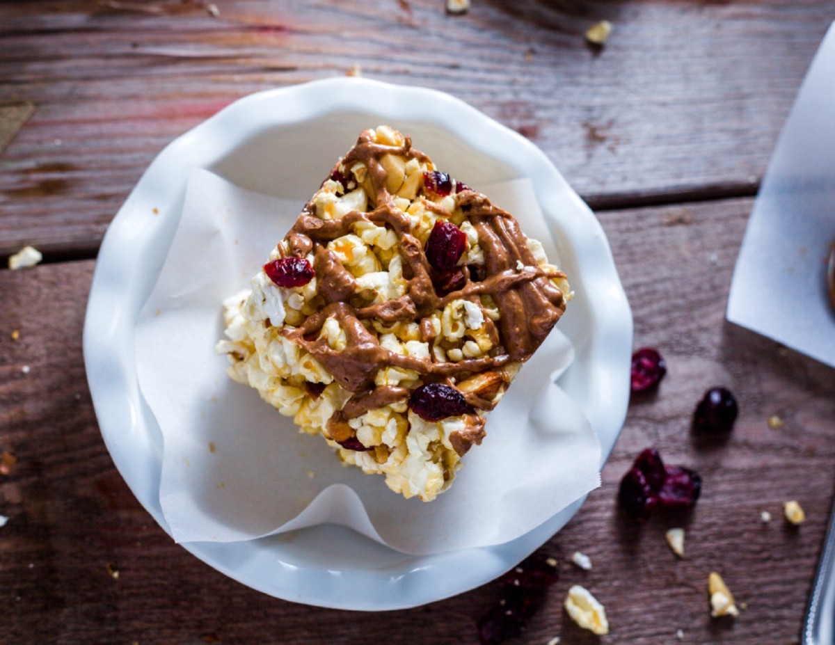 Almond Cranberry Popcorn Bars with Almond Butter Drizzle Jamie Geller