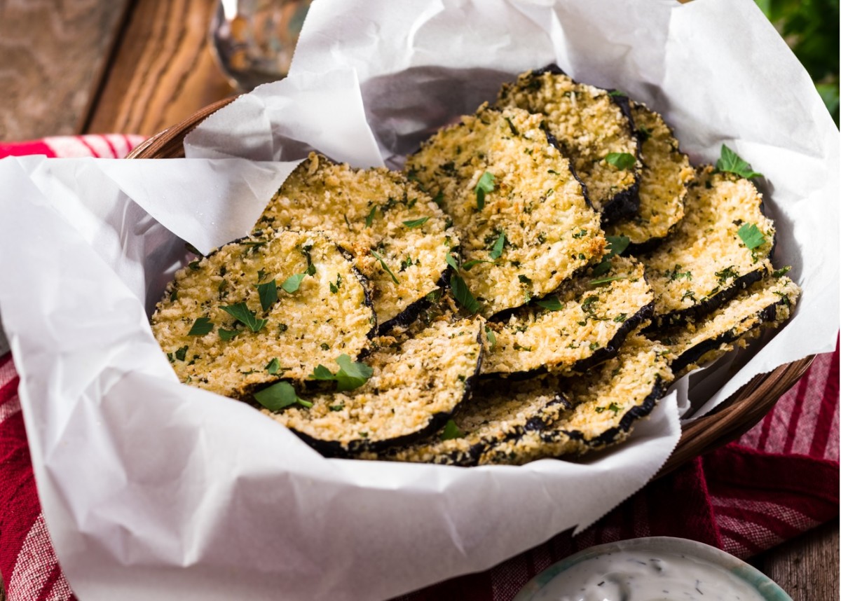 Baked Eggplant Chips with Tzaziki Dip Jamie Geller