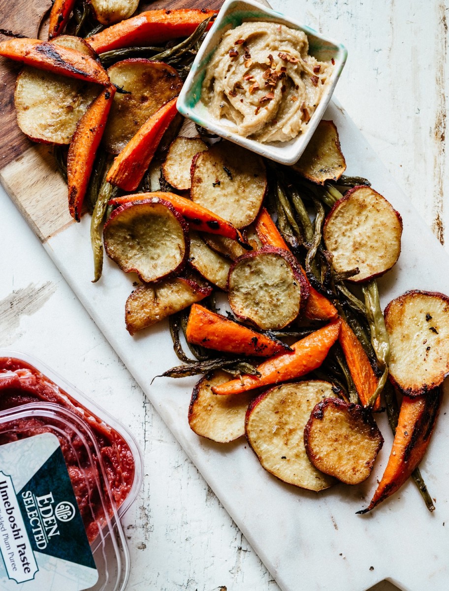 Umeboshi Roasted Vegetables with Creamy Tahini Ginger Dip Jamie Geller