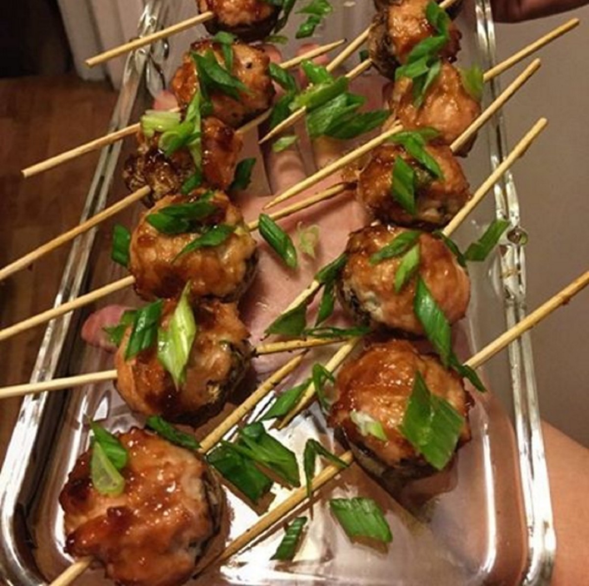 Stuffed Mushroom Skewers with Hoisin Chicken Jamie Geller