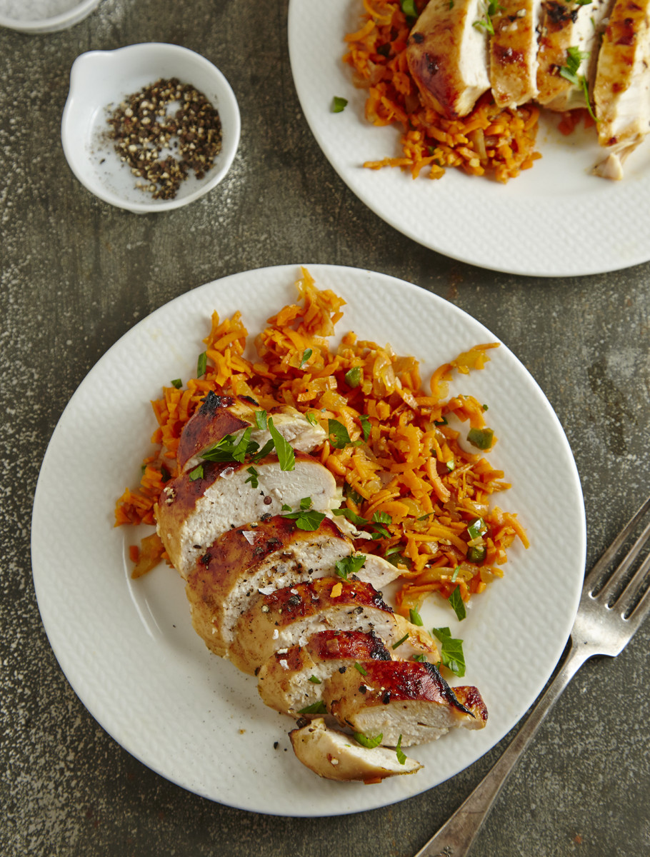 Spanish SweetPotato Rice with HoneyLime Marinated Chicken Jamie Geller