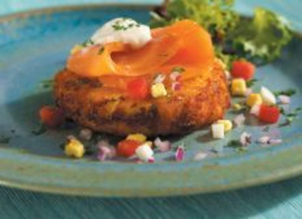 Smoked Coho Salmon on Idaho® Baked Potato Cake Jamie Geller