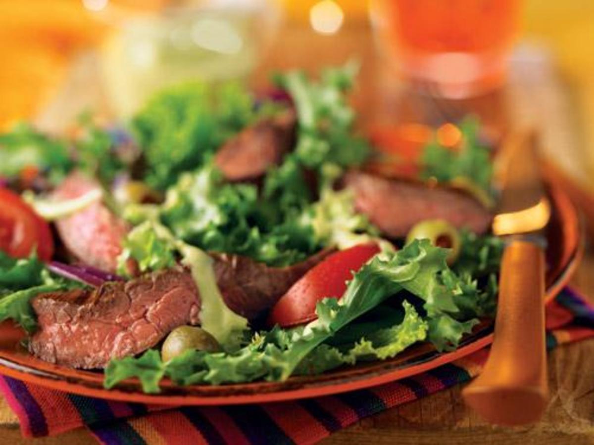 Grilled Skirt Steak Salad with Creamy Avocado Dressing Jamie Geller