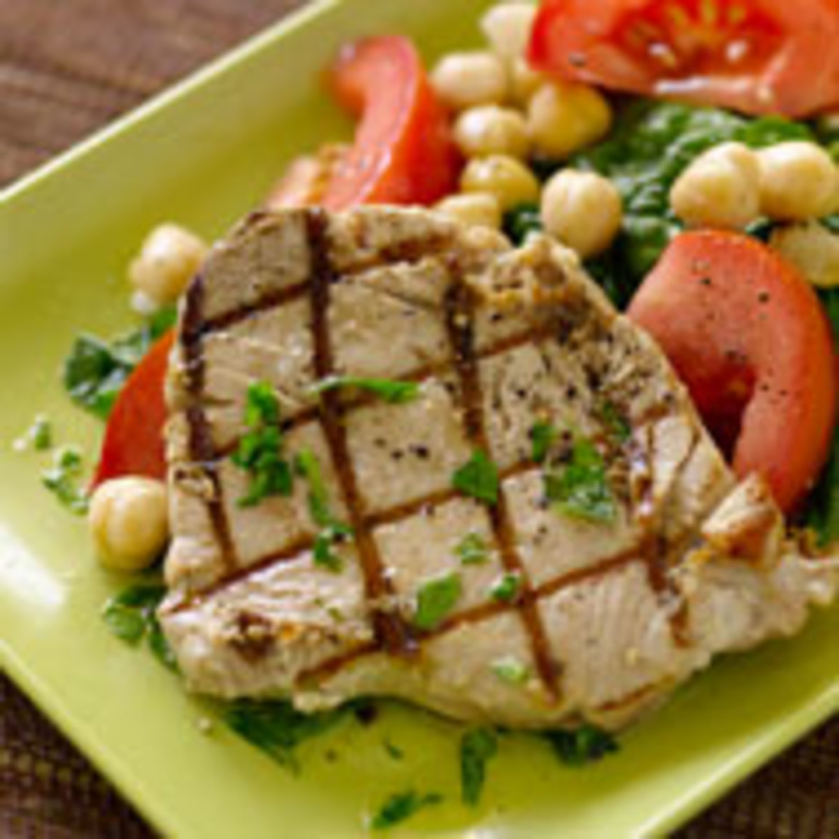 Grilled Tuna With Chickpea and Spinach Salad Jamie Geller