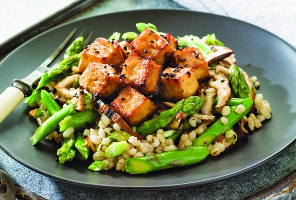 Barley, Asparagus, and Mushroom Salad Topped with Gingered Tofu Jamie Geller