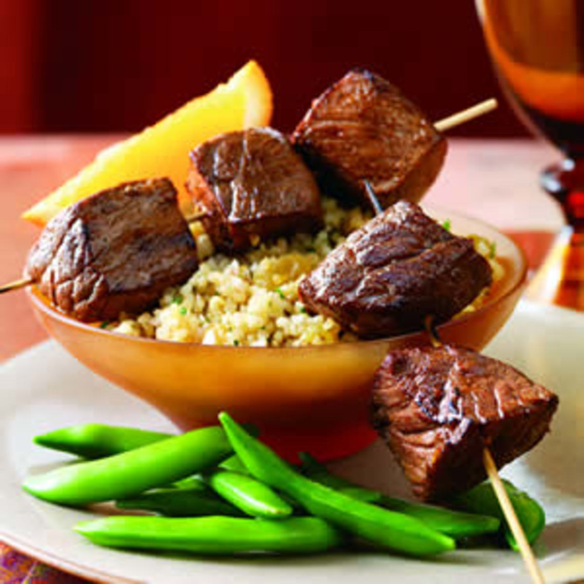 MoroccanStyle Beef Kabobs with Spiced Bulgur Jamie Geller