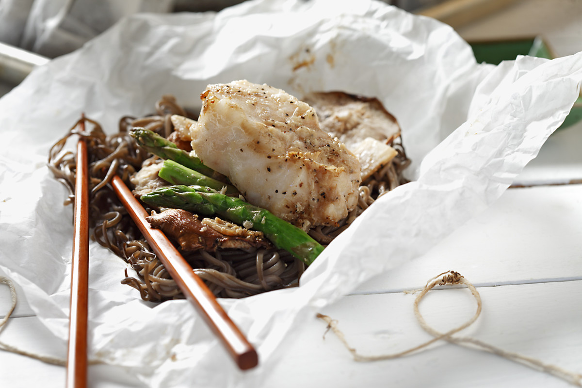 Sea Bass With Soba Noodles and SakeSoy Sauce Jamie Geller
