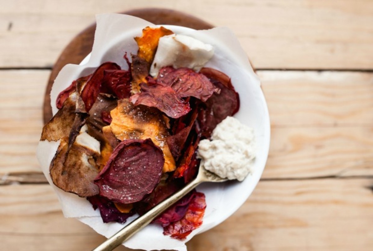 Baked Root Vegetable Chips with Babaganoush Jamie Geller