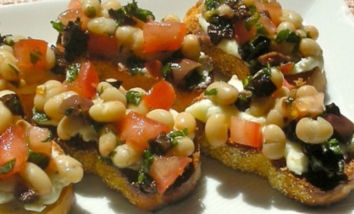 White Bean, Tomato, Goat Cheese and Olive Bruschetta Jamie Geller