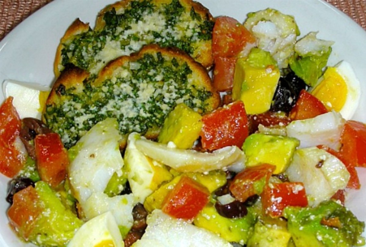 Grilled Halibut Salad with Avocado, Tomato, Olives and Egg with Herb