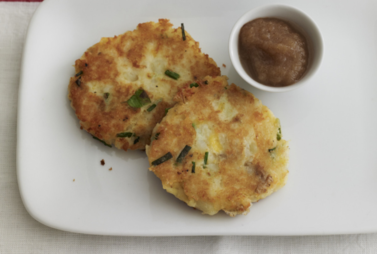 Cheddar and Potato Latkes with Spiced Applesauce Jamie Geller