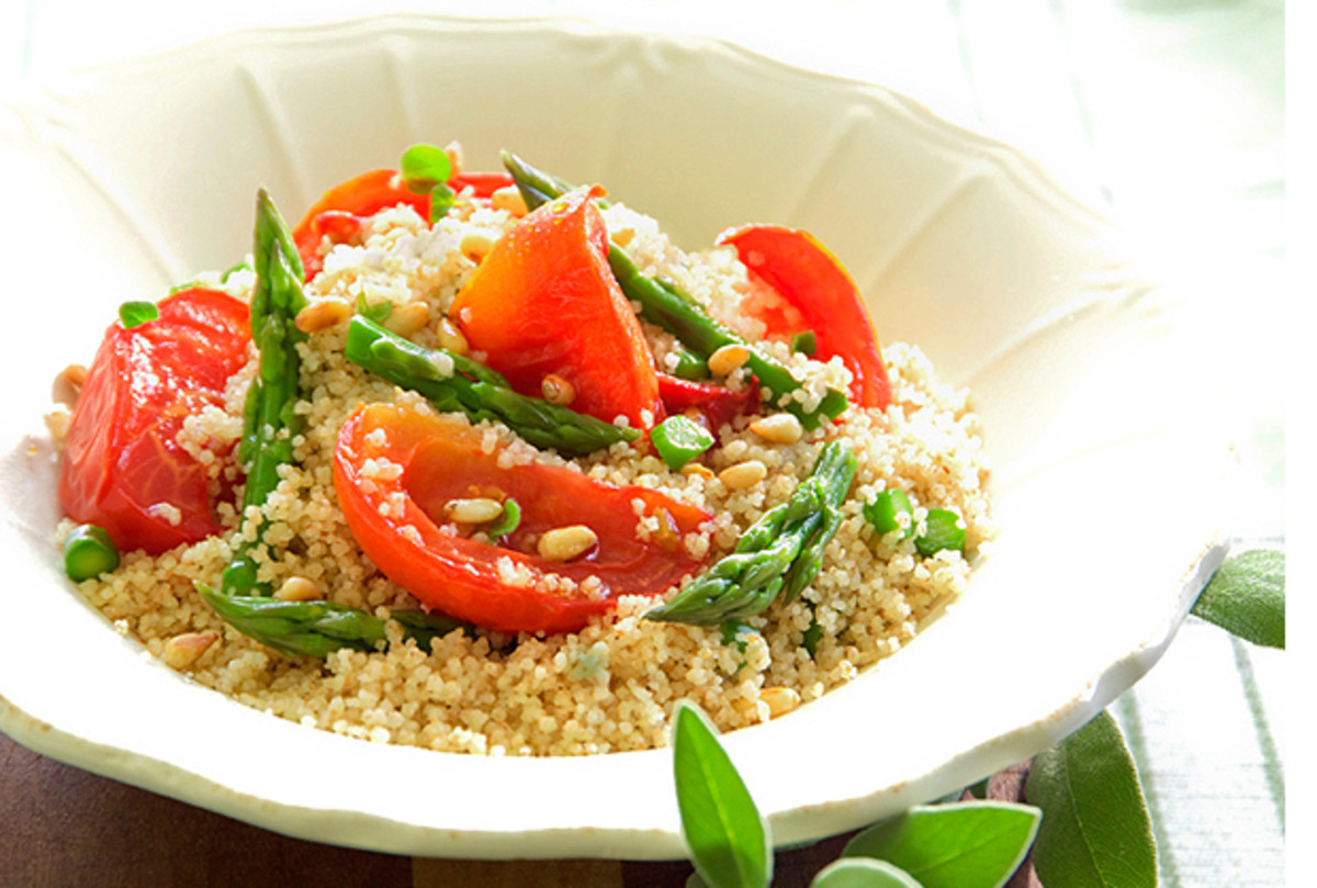 Couscous Salad with Baked Tomatoes and Asparagus Jamie Geller