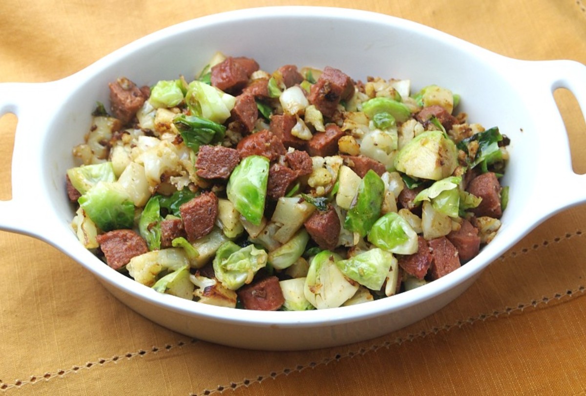 Sausage, Cauliflower and Brussels Sprout Hash Jamie Geller