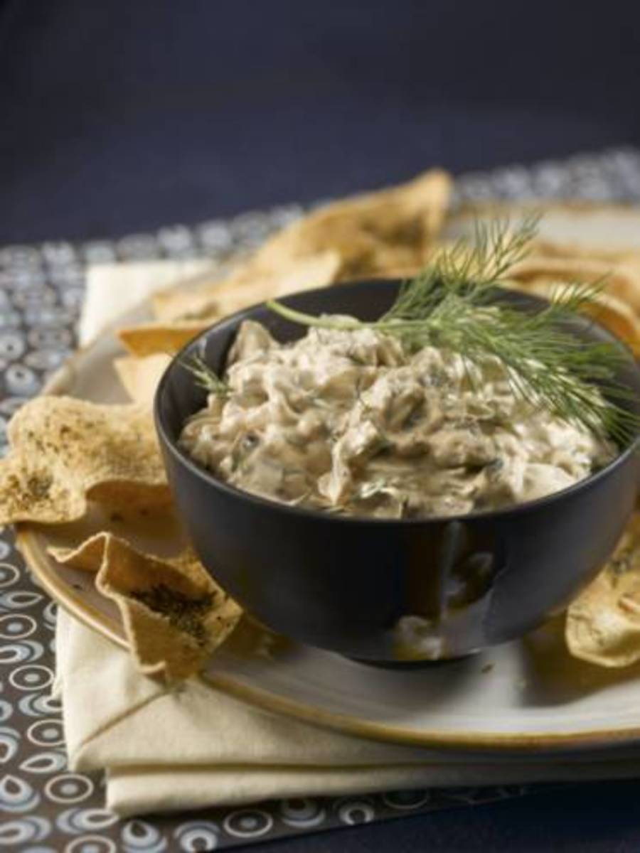 Warm Mushroom Dip with Baked Pita Crisps Jamie Geller