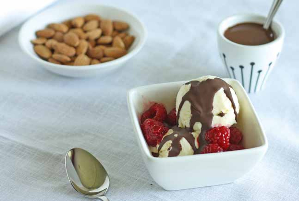 Amaretto Ice Cream with Raspberry Sauce & "Magic Shell" Jamie Geller