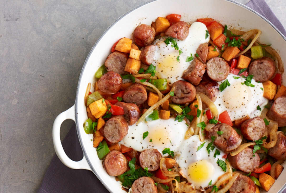 Baked Eggs with Sausage & Sweet Potato Hash Jamie Geller