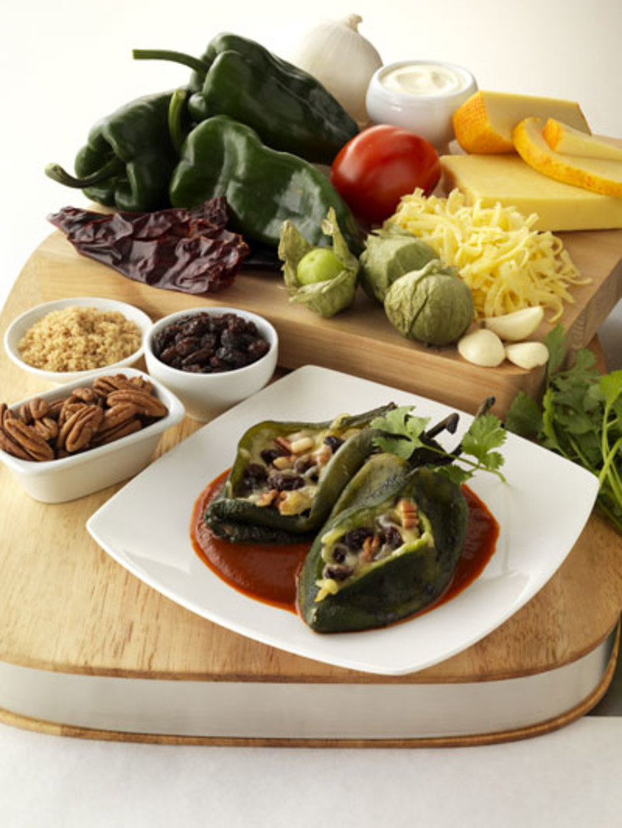 Chile Rellenos with California Raisins, Cheese, Pecans and Guajillo