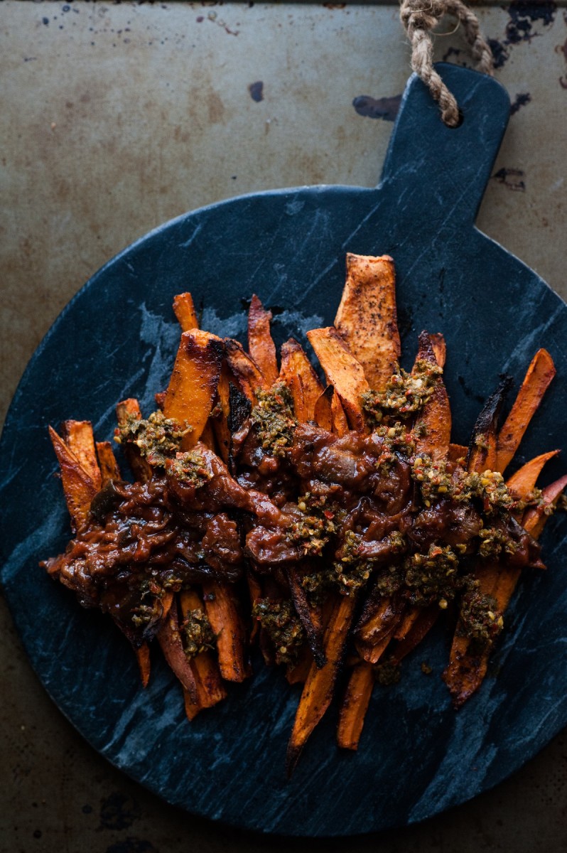 Baked Sweet Potato Fries with Spanish Eggplant and Schug Jamie Geller