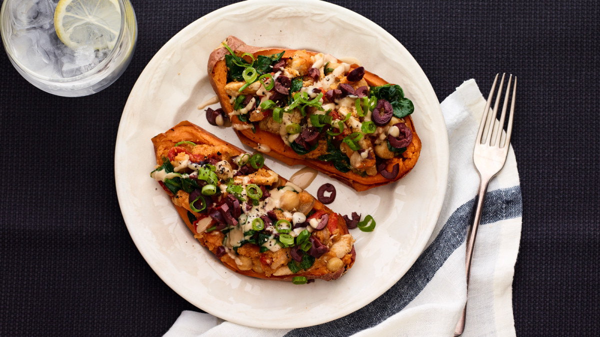 MediterraneanSpiced Chicken Stuffed Sweet Potatoes Jamie Geller