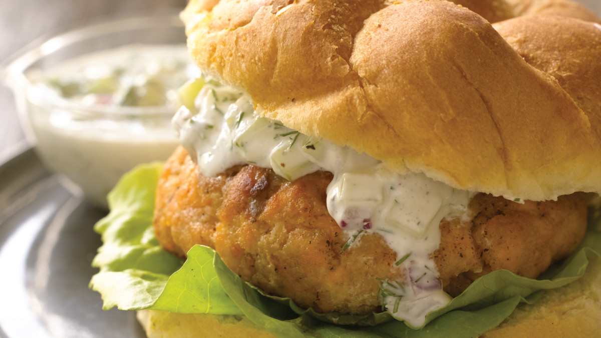 Salmon Burgers with Cucumber Dill Sauce Jamie Geller