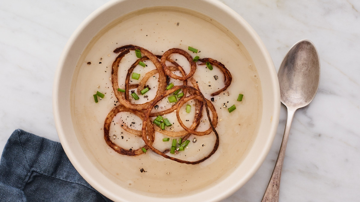 Roasted Potato Leek Soup with Onion Haystack Jamie Geller