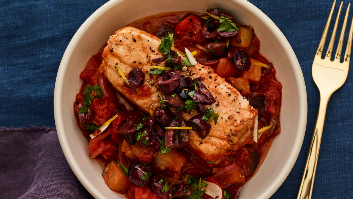 Poached Halibut with Smoky Olive Topping Jamie Geller