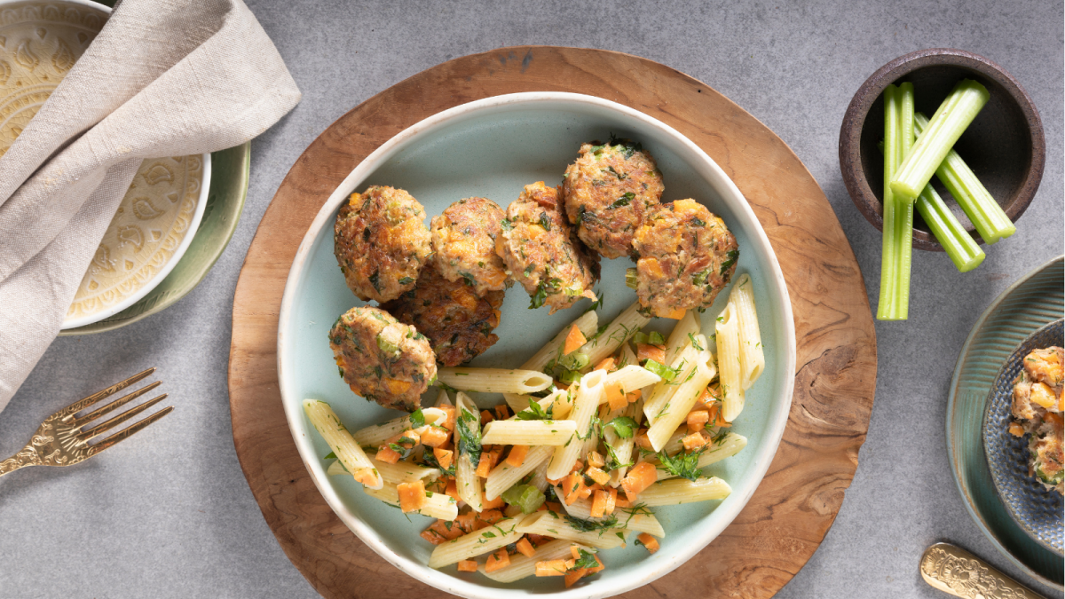 Crispy Tuna Cakes with Macaroni Salad Jamie Geller